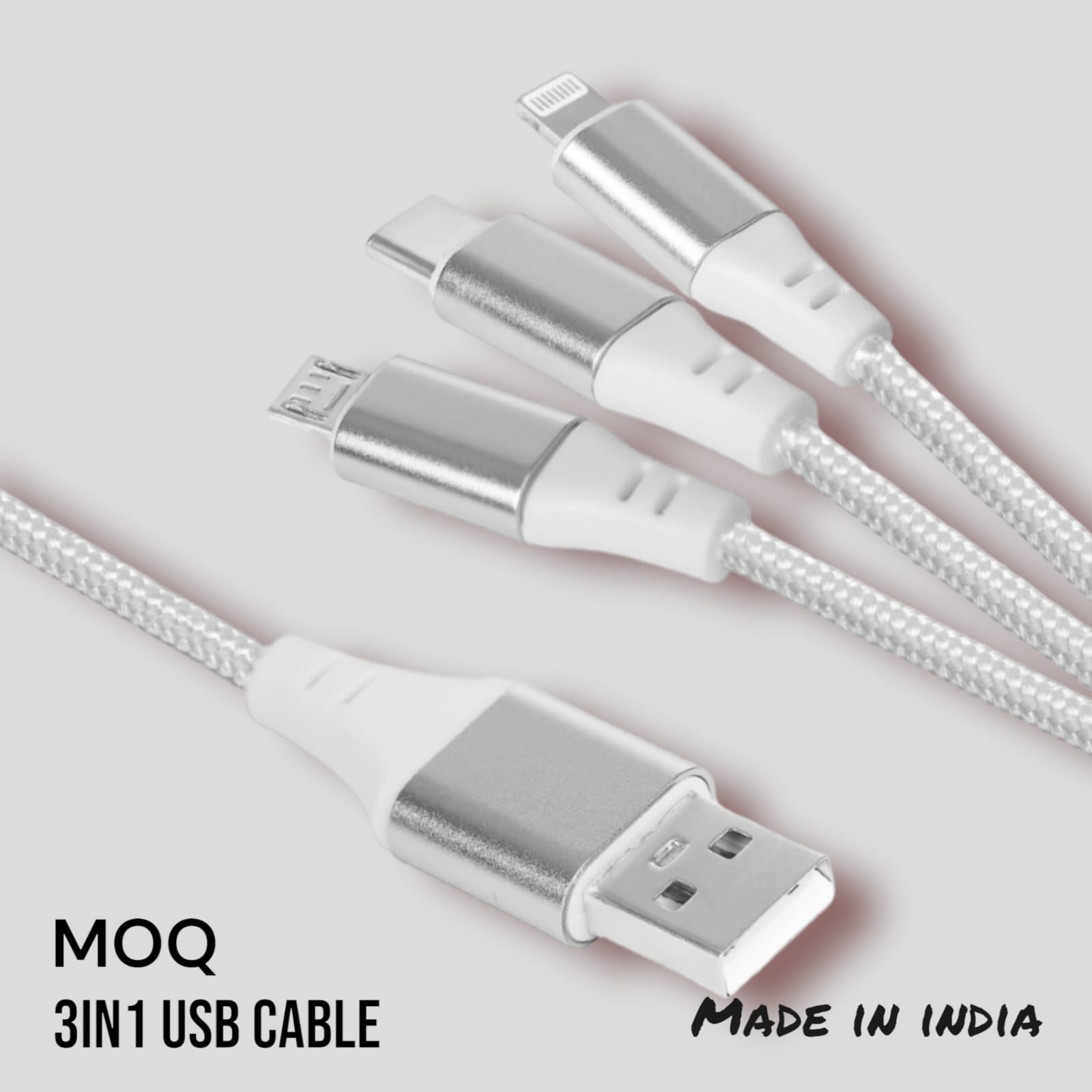 MOQ 3.4 amp 3in1 cable for charging micro usb , type c and iphone ,   nylon braided 