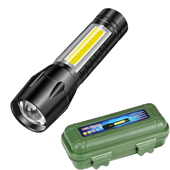 Care 4 Zoomable Handheld XPE+COB Mini USB Rechargeable LED Flashlight Torch (Black), with Side COB Light for Emergency Light