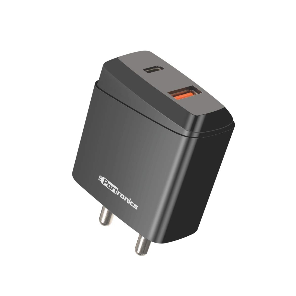 Portronics Adapto 22 Quick Charger With QC + Type-C Output 18 W 3 A Mobile Charger POR-1022 (Black)
