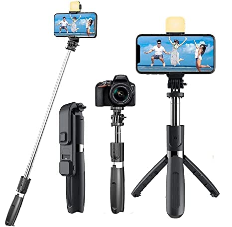 R1s Bluetooth Selfie Sticks with Remote and Selfie Light, 3-in-1 Multifunctional Selfie Stick Tripod Stand Mobile Stand Compatible with All Phones (Black)