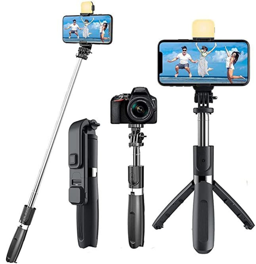 R1s Bluetooth Selfie Sticks with Remote and Selfie Light, 3-in-1 Multifunctional Selfie Stick Tripod Stand Mobile Stand Compatible with All Phones (Black)