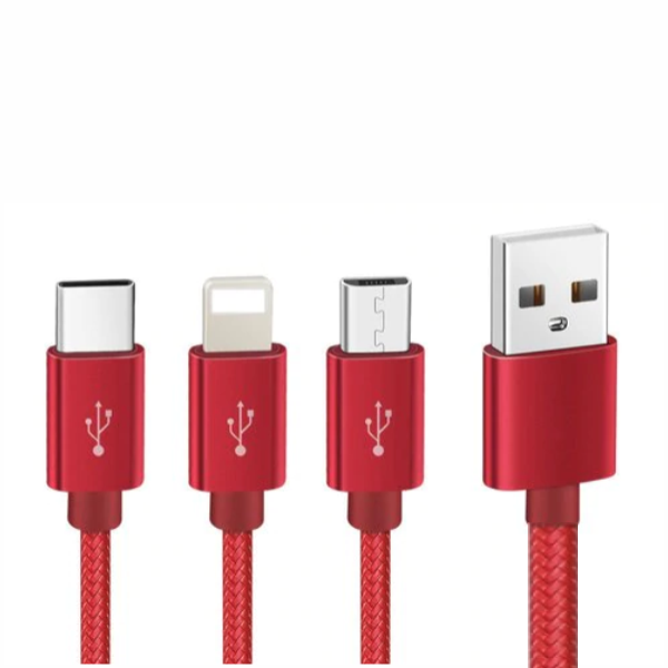 Teslaa 3 in 1 Nylon Braided Fast Multi Charger Cable for Micro USB, iOS and Type-C Devices, 1M (RED)