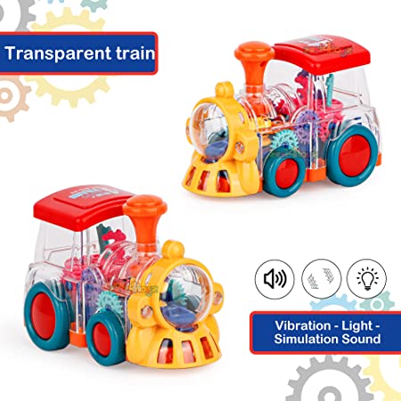 Toy Battery Operated Transparent Gear Toy Train with Bump & Go Action for Kids Music and Light Toys for Babies (Pack of 1) Random Color