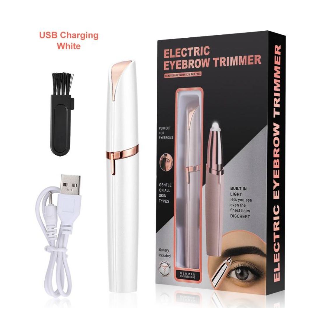 Flawless Brows 18k Gold Plated Rechargeable Eyebrow Trimmer, Portable and Pain-Free Hair Removal Tool for Women