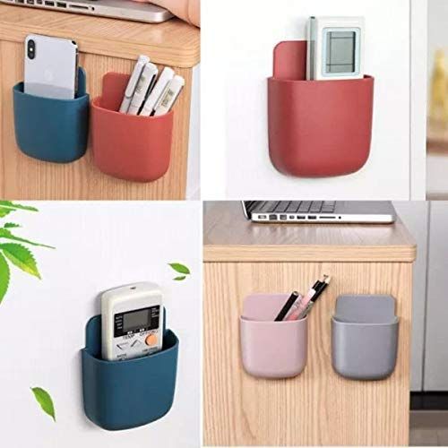 Wall Stand Mobile Holder Mount Phone Multi Purpose Plastic Storage Case Box Organizer for TV AC Remote Toothbrush Pen Charger Plug with Sticker - Mixed Colors (Pack of 2)