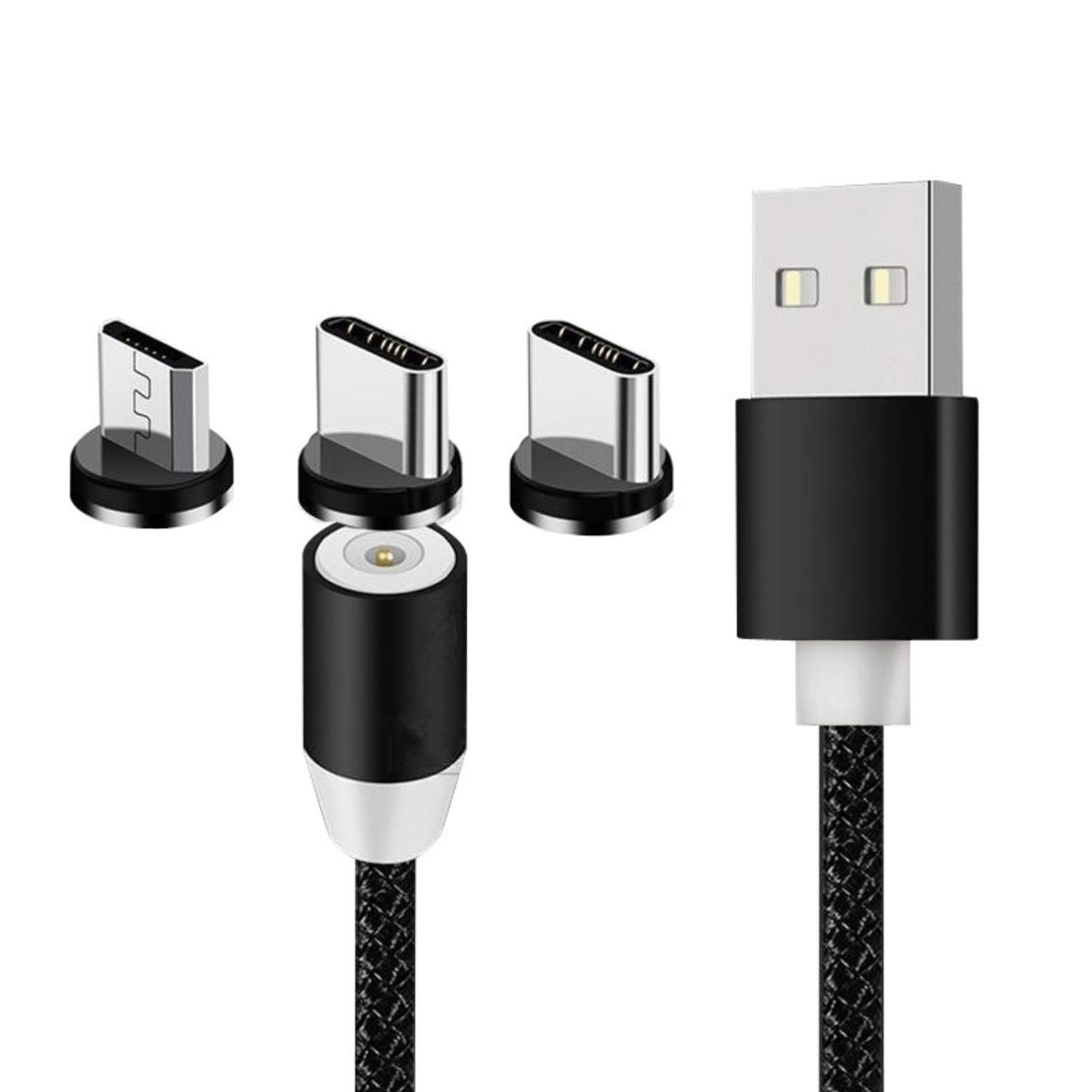 Teslaa 3-in-1 Magnetic Charging Cable, Fast Charging Micro USB, Type-C, 8 Pin Plug Magnet USB Cable with LED Indicator Light Nylon Braided Durable 1Meter Cable for All Smartphone. (Black)