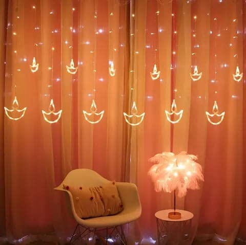 Diya Series Light 12 Diya 138 LED Curtain String Lights with 8 Flashing Modes Decoration for Diwali Wedding Party Home Warm White Window Festival Home Decoration Diwali Lights 6+6