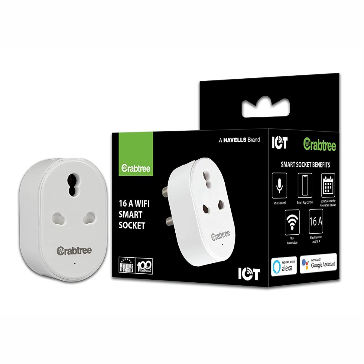Havells CRABTREE 16 A WiFi Smart Plug (ACST161603) with Energy Monitoring- Suitable for Large Appliances like Geysers, Heaters, OFR's, Air Conditioners (Works with Alexa and Google Assistant)- White