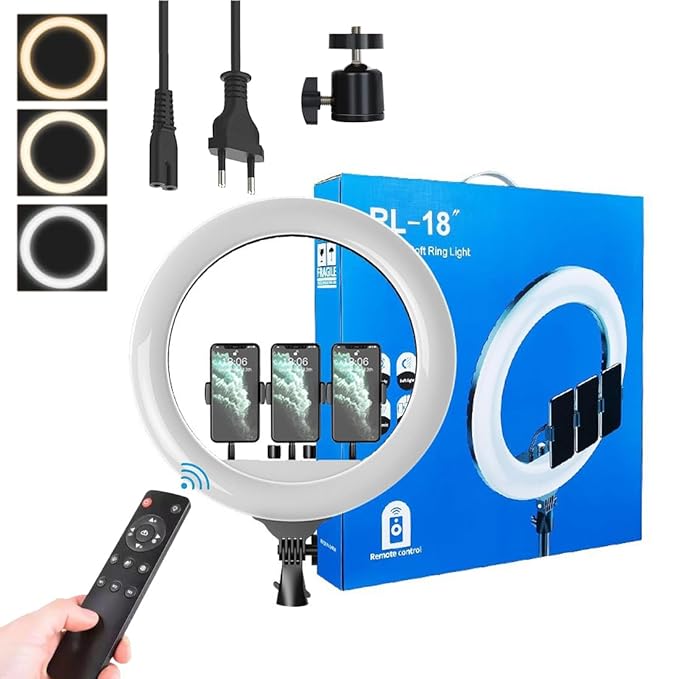RING LIGHT 18 INCH, Three Color Mode (White, Warm, Mixed) LED Ring Light with Wireless Remote Control 180° Rotable Head