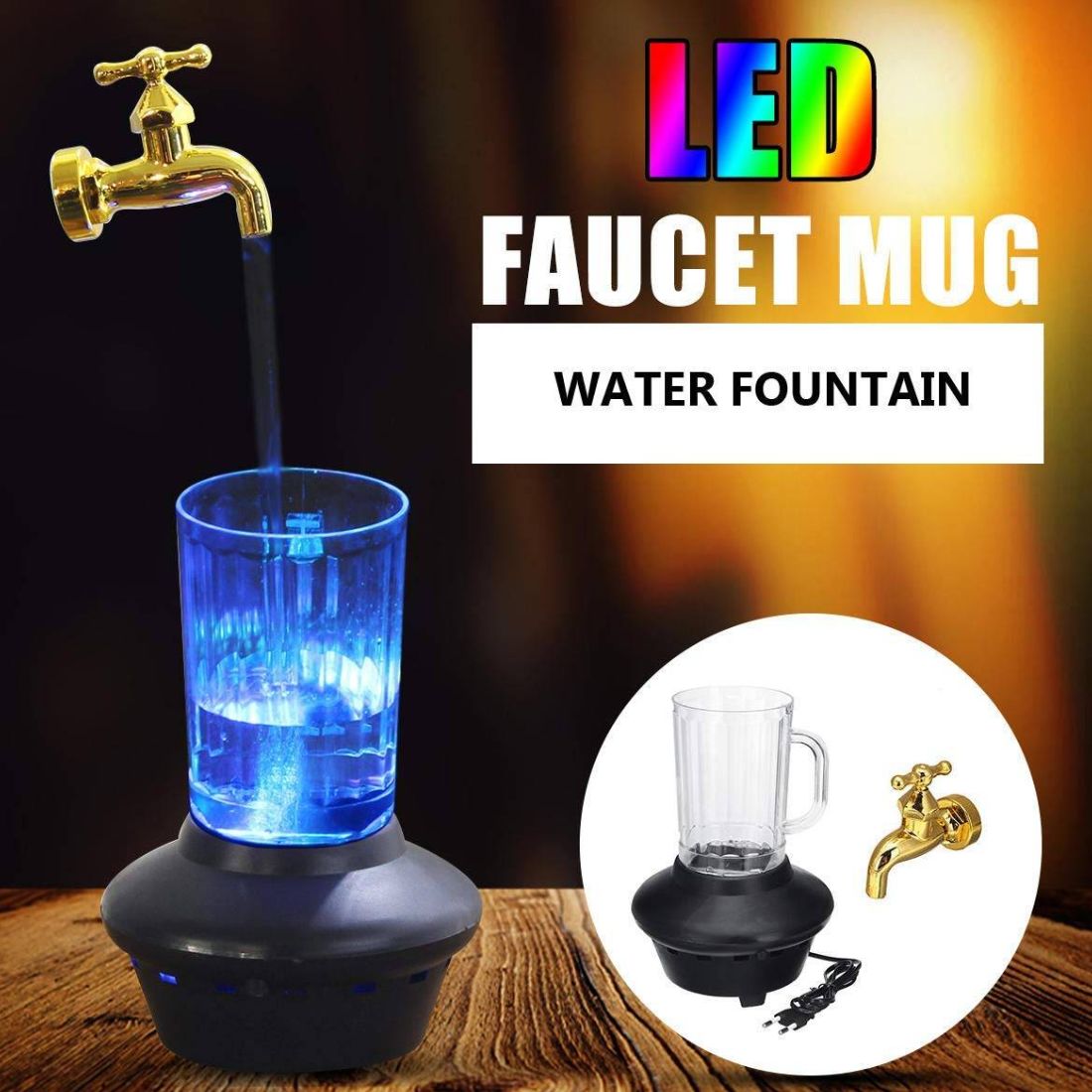 Magic Water Fountain Mug with Golden Faucet and Convertible Light - Unique Home/Office Decor