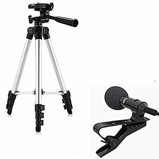 Traders 3110 Mobile Phone & Camera Stand Holder Tripod Kit with Collar Microphone Kit with Voice Recording Filter Mic for Recording Singing YouTube (2in1 Combo Pack) Tripod Tripod  (Silver, Supports Up to 380 g)