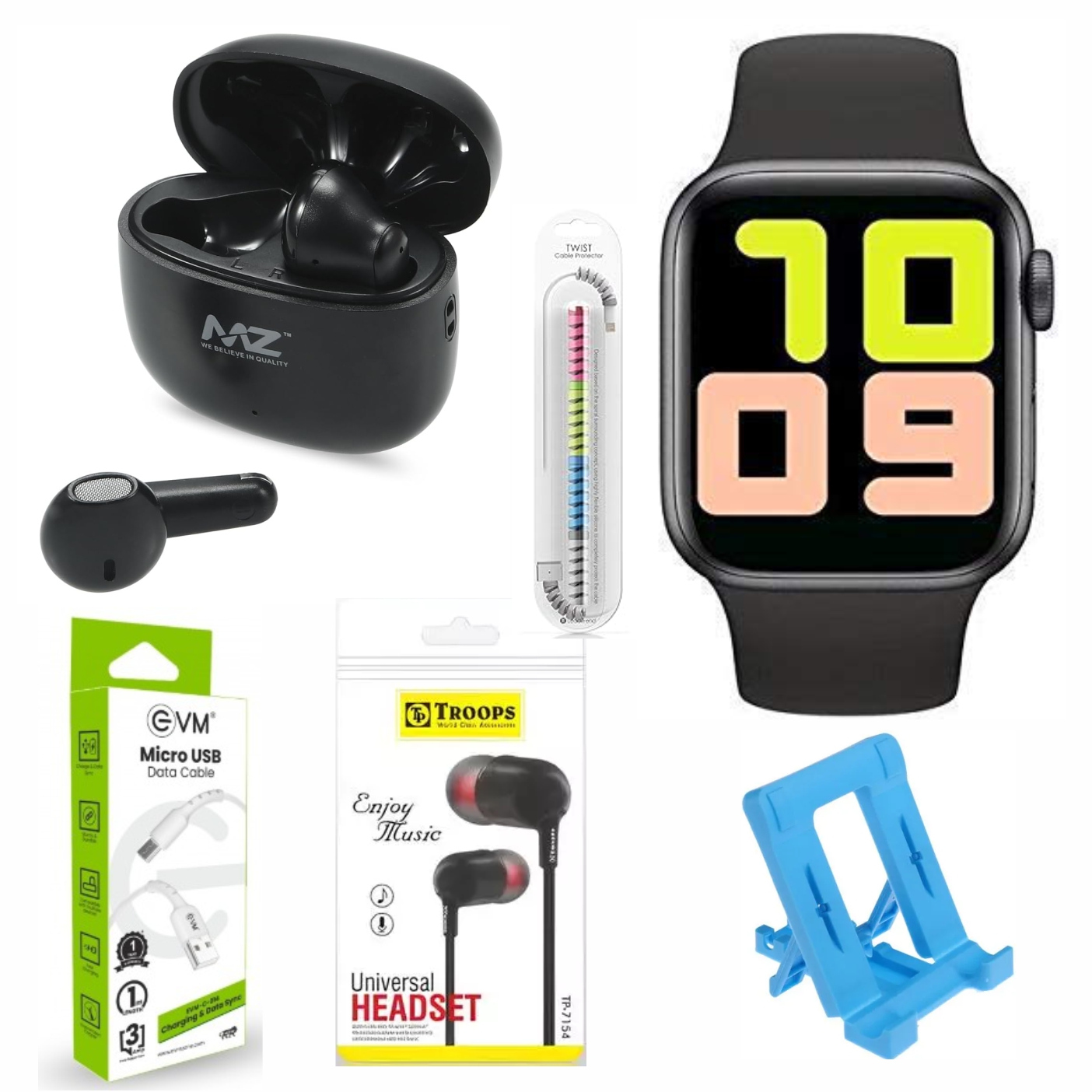 T55 Bluetooth Smartwatch / MZ Mpods 13 Wireless Earbuds / TP TROOPS Handsfree with Deep Bass / Evm Micro USB Data & Sync Cable / Spiral Cable Protector & Universal Mobile Stand, 6 in 1 combo bundle offer