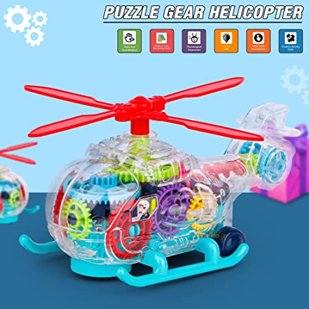 Musical Toy Battery Operated Transparent Gear Helicopter for Kids Concept Electric Toys with Bump & Go Action for Kids Light & Sound Toy for Boys Girls (Pack of 1 ) Battery Included