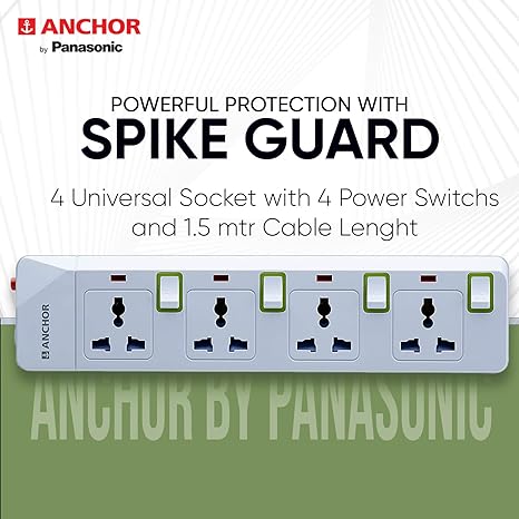 Anchor by Panasonic 10A Spike Guard 4 Socket + 4 Switch, Surge Protector, 2400 Watts, 240 Volts,